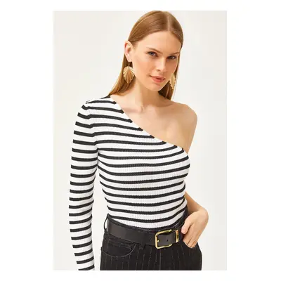 Olalook Women's Striped White One Shoulder Waist Top Crop Knitwear Blouse