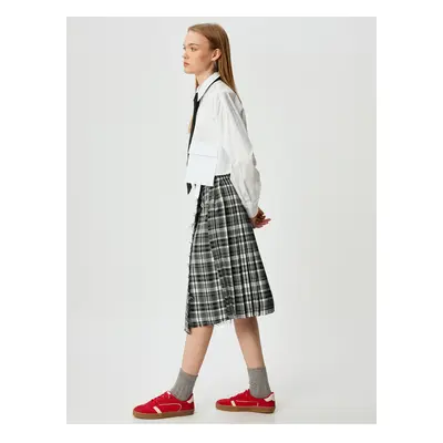 Koton Pleated Plaid Skirt Midi Length Belt Detail