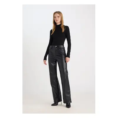 DEFACTO Cool Faux Leather Pants Straight Fit High Waist