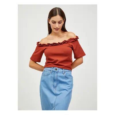 Hnědý crop top s odhalenými rameny Pieces Leah - Dámské