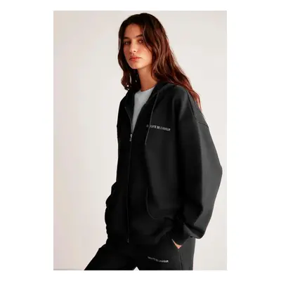 GRIMELANGE AMETIS Women's Fleece Embroidered Text Detailed Organic Cotton Oversize Hooded Black 