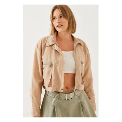 Bianco Lucci Women's Bellows Pocket Parachute Fabric Crop Jacket