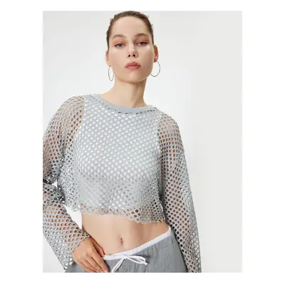 Koton Openwork Crop T-Shirt Long Sleeve Crew Neck Comfortable Fit