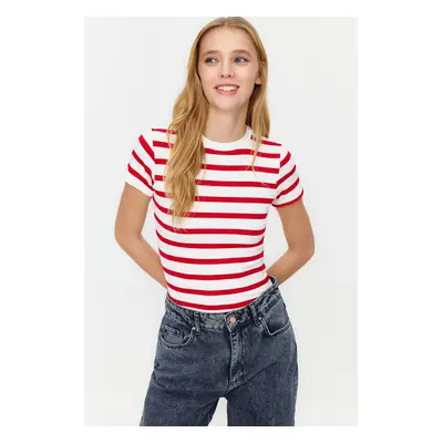 Trendyol Red Striped Viscose/Soft Fabric Body-Fitting Stretch Knitted Blouse