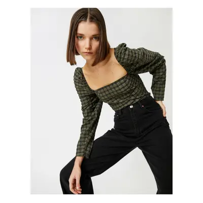 Koton U-Neck Balloon Sleeve Checked Blouse