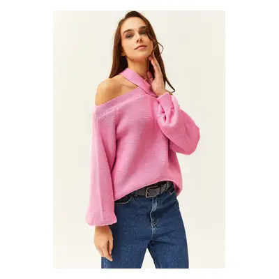 Olalook Women's Candy Pink Cross Neck Knitwear Sweater