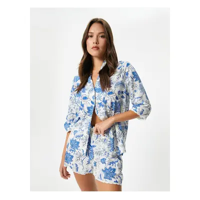 Koton Shirt Collar Pajama Top Floral Long Sleeve Buttoned Viscose