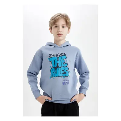 DEFACTO Boy's Graffiti Printed Hooded Soft Fuzzy Thick Blue Sweatshirt