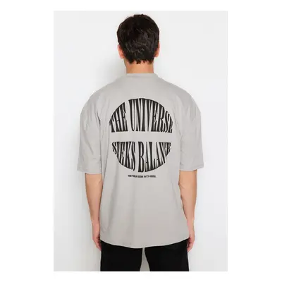 Trendyol Gray Oversize Raised Text Printed 100% Cotton T-Shirt