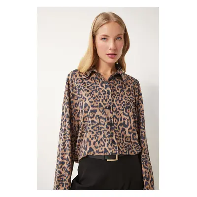 Happiness İstanbul Women's Black Beige Leopard Patterned Suede Shirt