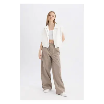 DEFACTO Poplin Trousers Wide Leg Double Pocket High Elastic Waist Standard Length Adjustable Ela