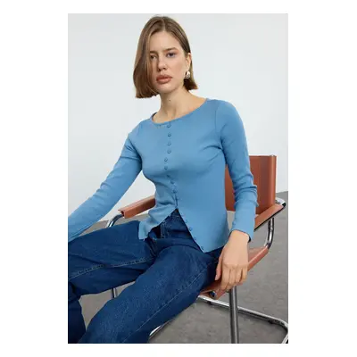 Trendyol Indigo Button Detailed Crew Neck Ribbed Flexible Regular Length Knitted Blouse