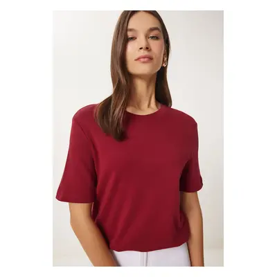 Happiness İstanbul Women's Burgundy Cotton Basic Knitted T-Shirt