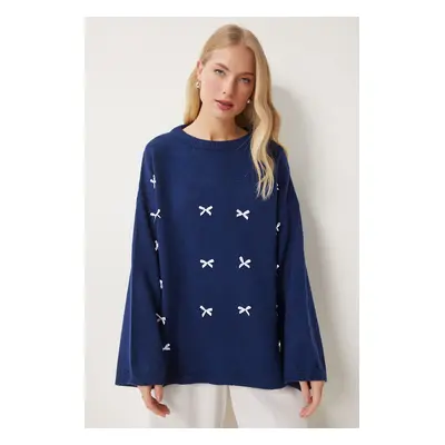 Happiness İstanbul Women's Navy Blue Bow Detail Oversize Knitwear Sweater