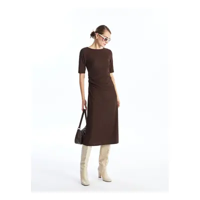 LC Waikiki LCWAIKIKI Classic Chocolate Brown Crew Neck Textured Women's Dress