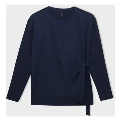 DEFACTO Crew Neck Tie Detail Casual Crepe Long Sleeve Navy Blue T-Shirt