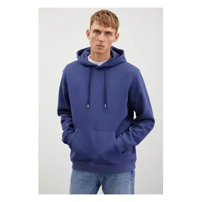 GRIMELANGE Jorge Men's Soft Hooded Organic Cotton Kangaroo Pocket Regular Navy Blue Sweatshirt