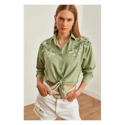 Olalook Women's Daisy Mold Green Embroidery Detailed Oversize Woven Shirt