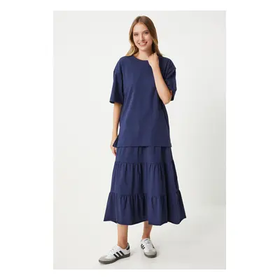 Happiness İstanbul Women's Navy Blue Oversize T-Shirt Flounce Knitted Skirt Set