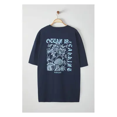 Trendyol Plus Size Navy Blue Oversize/Wide Cut Puffy Text Printed 100% Cotton T-shirt