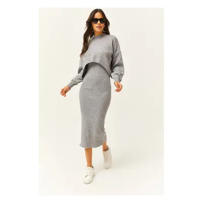 Olalook Women's Gray Top Crop Sweater Bottom Strap Dress Knitwear Suit