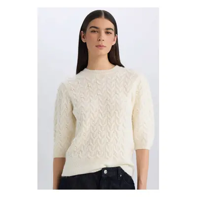 DEFACTO Regular Fit Crew Neck Basic Plain Half Sleeve Knitwear Sweater