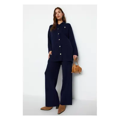 Trendyol Navy Blue Corduroy Knitwear Cardigan Sweater-Pants Bottom-Top Set