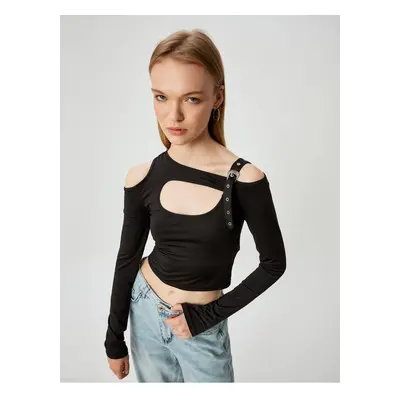 Koton Long Sleeve T-Shirt Crop Window Detail Belted