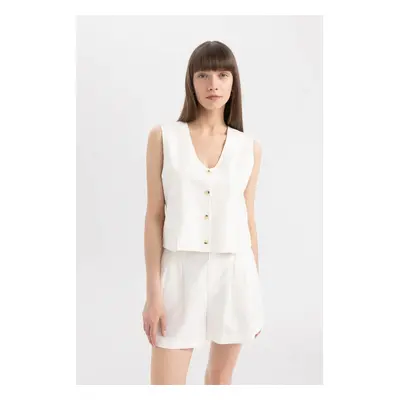 DEFACTO V-Neck Linen Blend White Blazer Vest