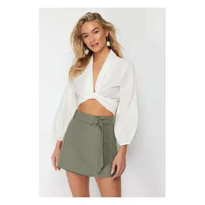 Trendyol Khaki Belted Mini Woven Linen Blend Short Skirt