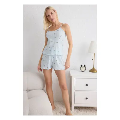 Trendyol Blue Floral Baby Overlock Camisole Knitted Pajama Set