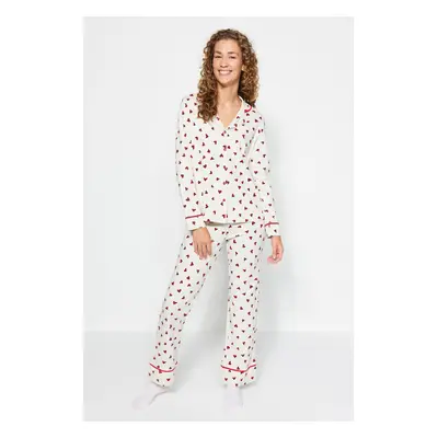 Trendyol Beige 100% Cotton Heart-shaped Knitted Pajamas Set