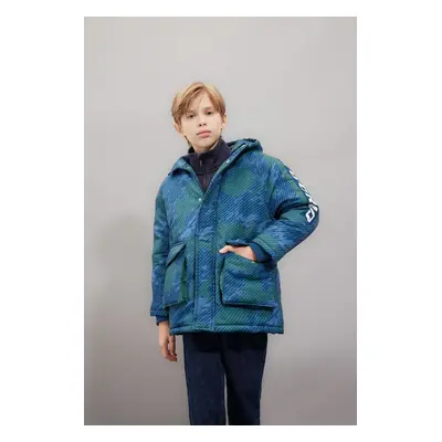 DEFACTO Boy's Water Repellent Hooded Zippered Snap Closure Pocket Coat Parka