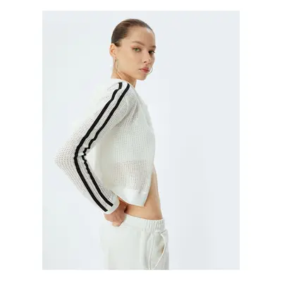 Koton Crop Sweatshirt Zippered Openwork Hooded Stripe Detail