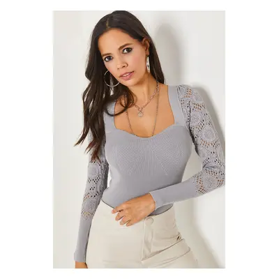 Olalook Gray Kiss Collar Sleeve Openwork Knitwear Blouse