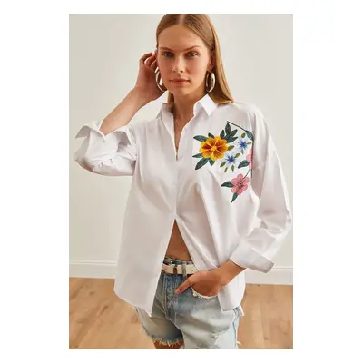 Olalook Women's Floral White Embroidery Detailed Oversize Woven Shirt