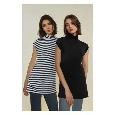 Trendyol Black-White Striped 2-Pack Stand Collar Sleeveless Undershirt Lining Tunic