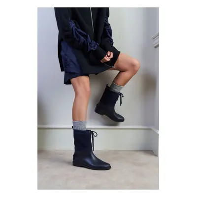 NİŞANTAŞI SHOES Ginger Navy Blue Genuine Suede Flat Heel Women's Rain Boots