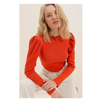 Trend Alaçatı Stili Women's Orange Princess Sleeve Half Turtleneck Crop Blouse