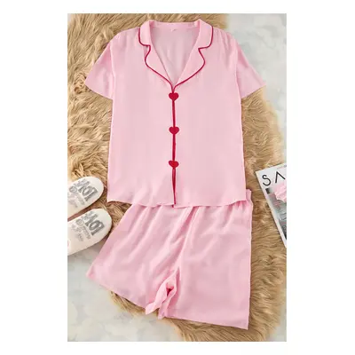 Trendyol Curve Pink Heart Embroidery and Piping Detail Viscose Woven Pajama Set