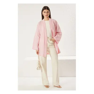 Trendyol Pink Belted Woven Seersucker Striped Kimono & Kaftan