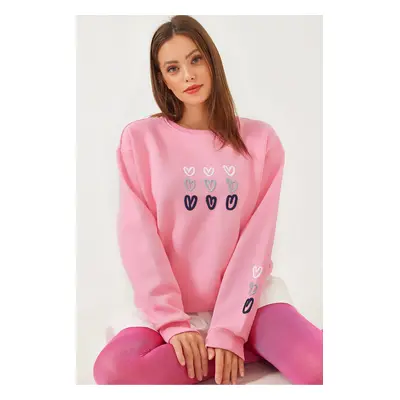 Bianco Lucci Women's Three Thread Raised Heart Printed Sweatshirt