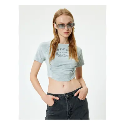 Koton Crop T-Shirt Gather Detailed College Printed Washed Short Sleeve Slim Fit