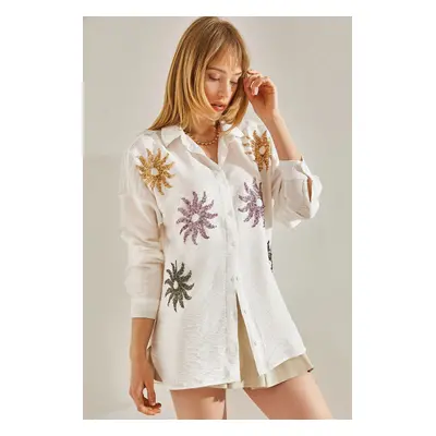 Bianco Lucci Women's White Linen Airobin Sun Patterned Sequin Embroidered Oversize Shirt