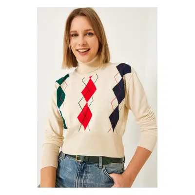 Bianco Lucci Women's Turtleneck Patterned Knitwear Sweater