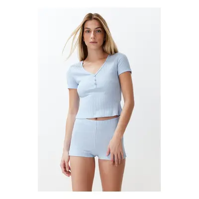 Trendyol Light Blue Button Detailed Corded Knitted Pajama Set