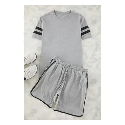 Trendyol Gray Regular Fit Sleeve Striped Knitted Shorts Pajama Set