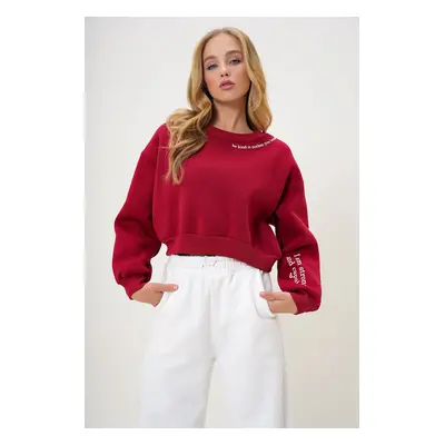 Trend Alaçatı Stili Women's Claret Red Crew Neck Sleeve and Collar Print Detailed Three Thread R