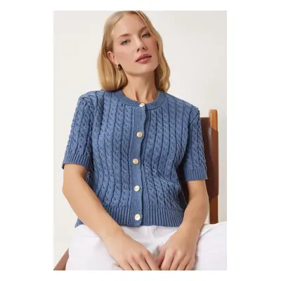 Happiness İstanbul Women's Indigo Blue Crew Neck Hair Knitted Sweater Cardigan