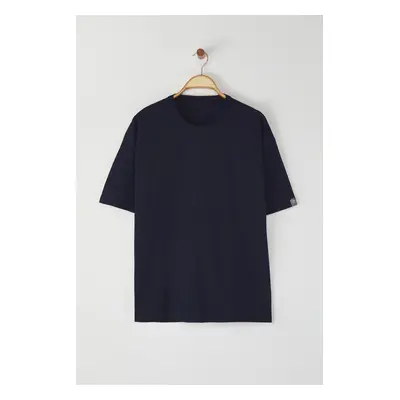 Trendyol Navy Blue Oversize/Wide Cut Collar Detailed Tagged 100% Cotton T-Shirt